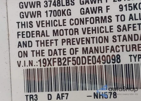 2013 Honda Civic Lx z USA, uszkodzony, nr VIN 19XFB2F50DE049098